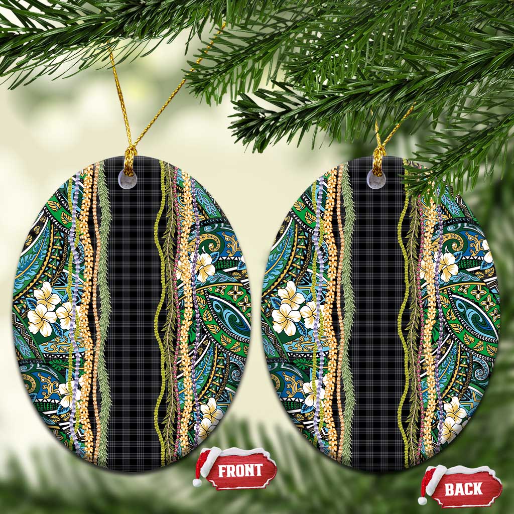 Hawaiian Art Flower Tribal with Lei Ceramic Ornament Palaka Pattern Black Color - Polynesian Pride
