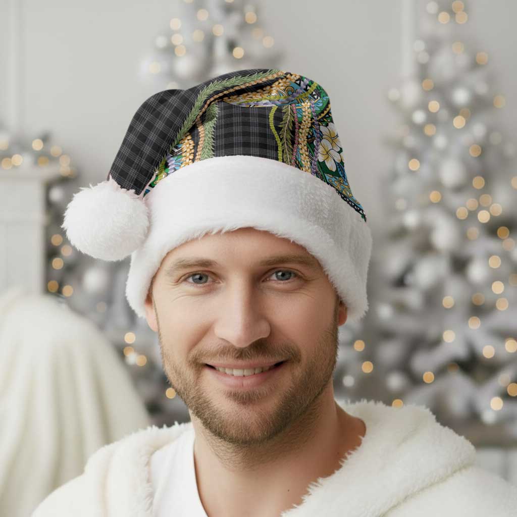 Hawaiian Art Flower Tribal with Lei Christmas Santa Hat Palaka Pattern Black Color - Polynesian Pride