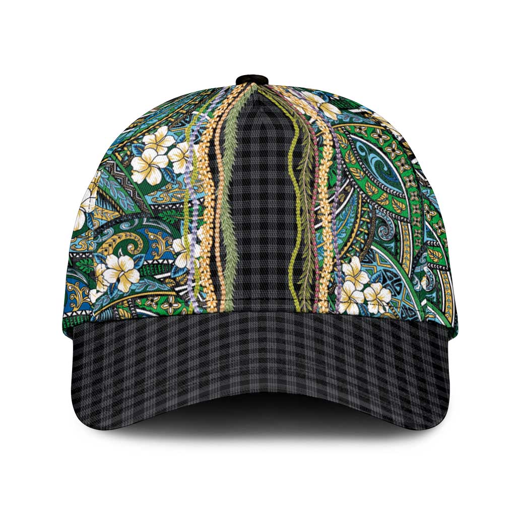 Hawaiian Art Flower Tribal with Lei Classic Cap Palaka Pattern Black Color - Polynesian Pride