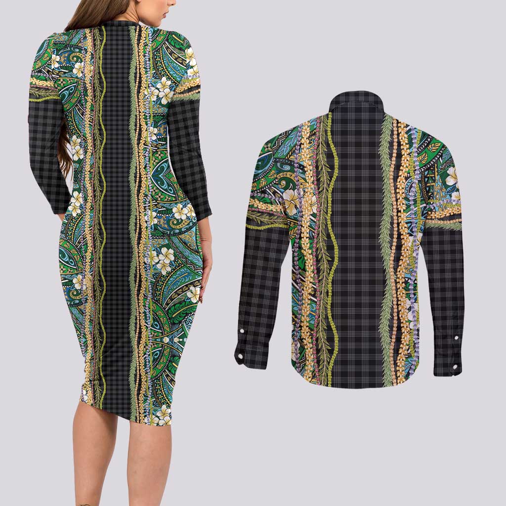 Hawaiian Art Flower Tribal with Lei Couples Matching Long Sleeve Bodycon Dress and Long Sleeve Button Shirt Palaka Pattern Black Color - Polynesian Pride