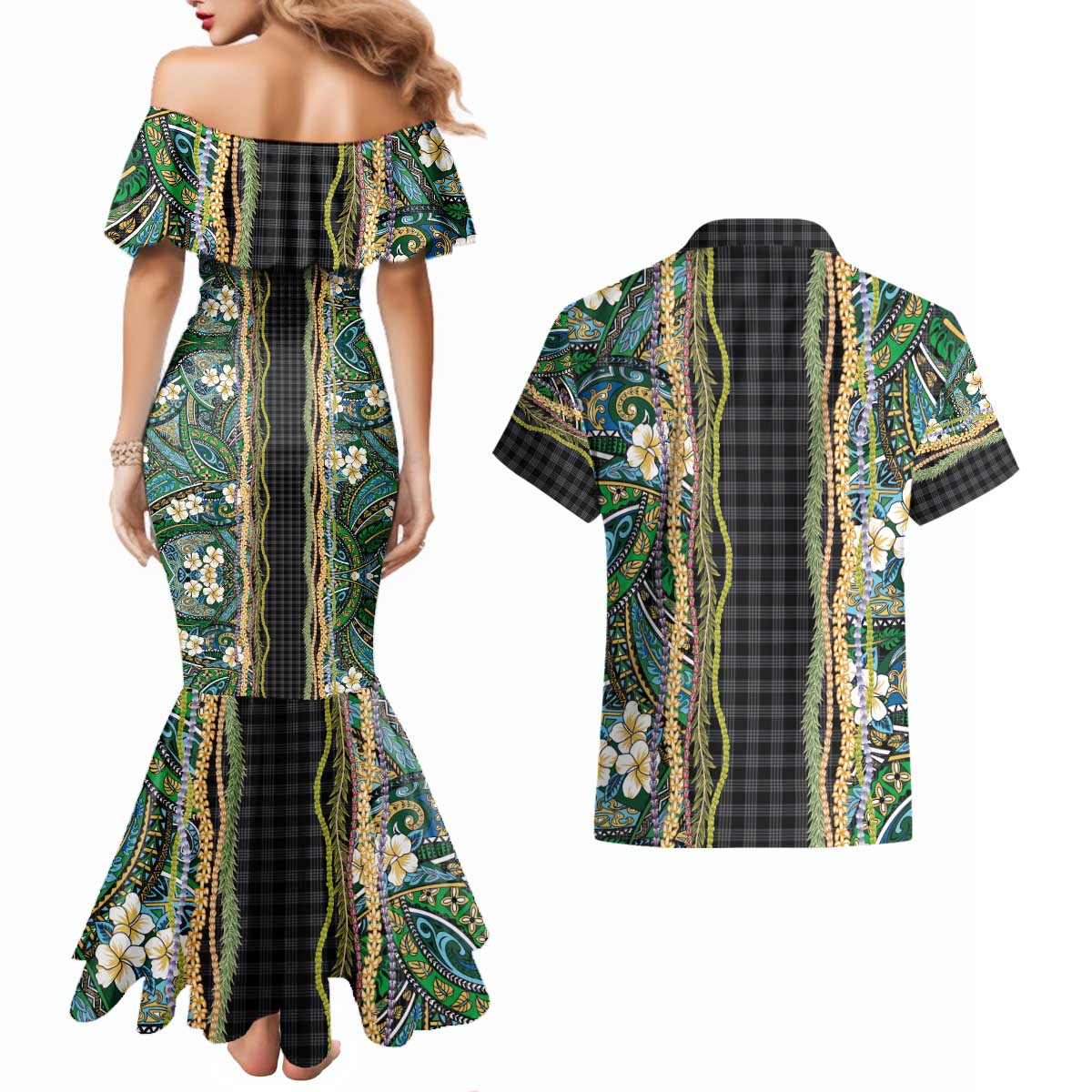 Hawaiian Art Flower Tribal with Lei Couples Matching Mermaid Dress and Hawaiian Shirt Palaka Pattern Black Color - Polynesian Pride