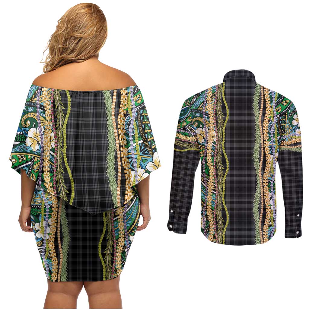 Hawaiian Art Flower Tribal with Lei Couples Matching Off Shoulder Short Dress and Long Sleeve Button Shirt Palaka Pattern Black Color - Polynesian Pride