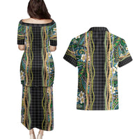 Hawaiian Art Flower Tribal with Lei Couples Matching Puletasi and Hawaiian Shirt Palaka Pattern Black Color - Polynesian Pride