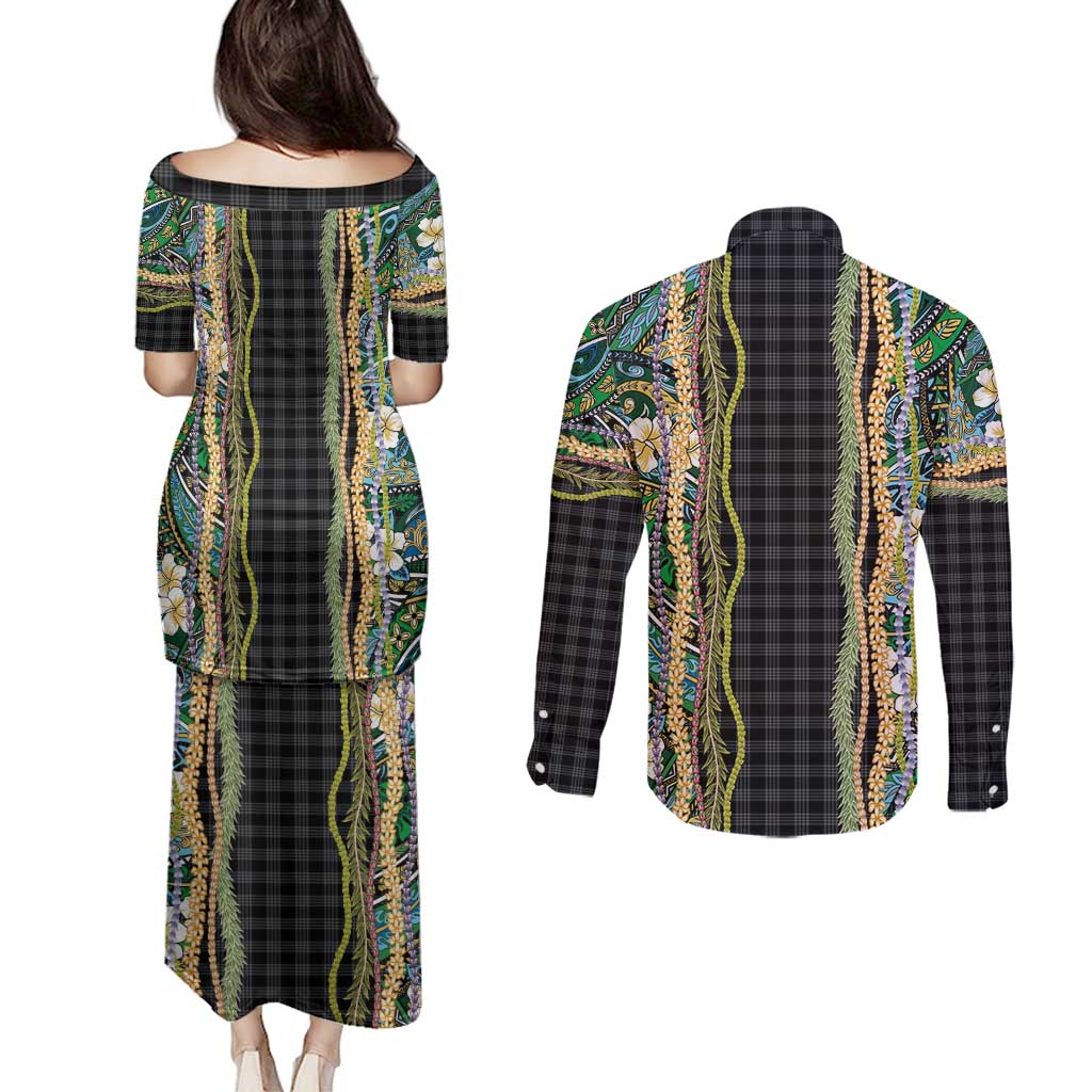Hawaiian Art Flower Tribal with Lei Couples Matching Puletasi and Long Sleeve Button Shirt Palaka Pattern Black Color - Polynesian Pride