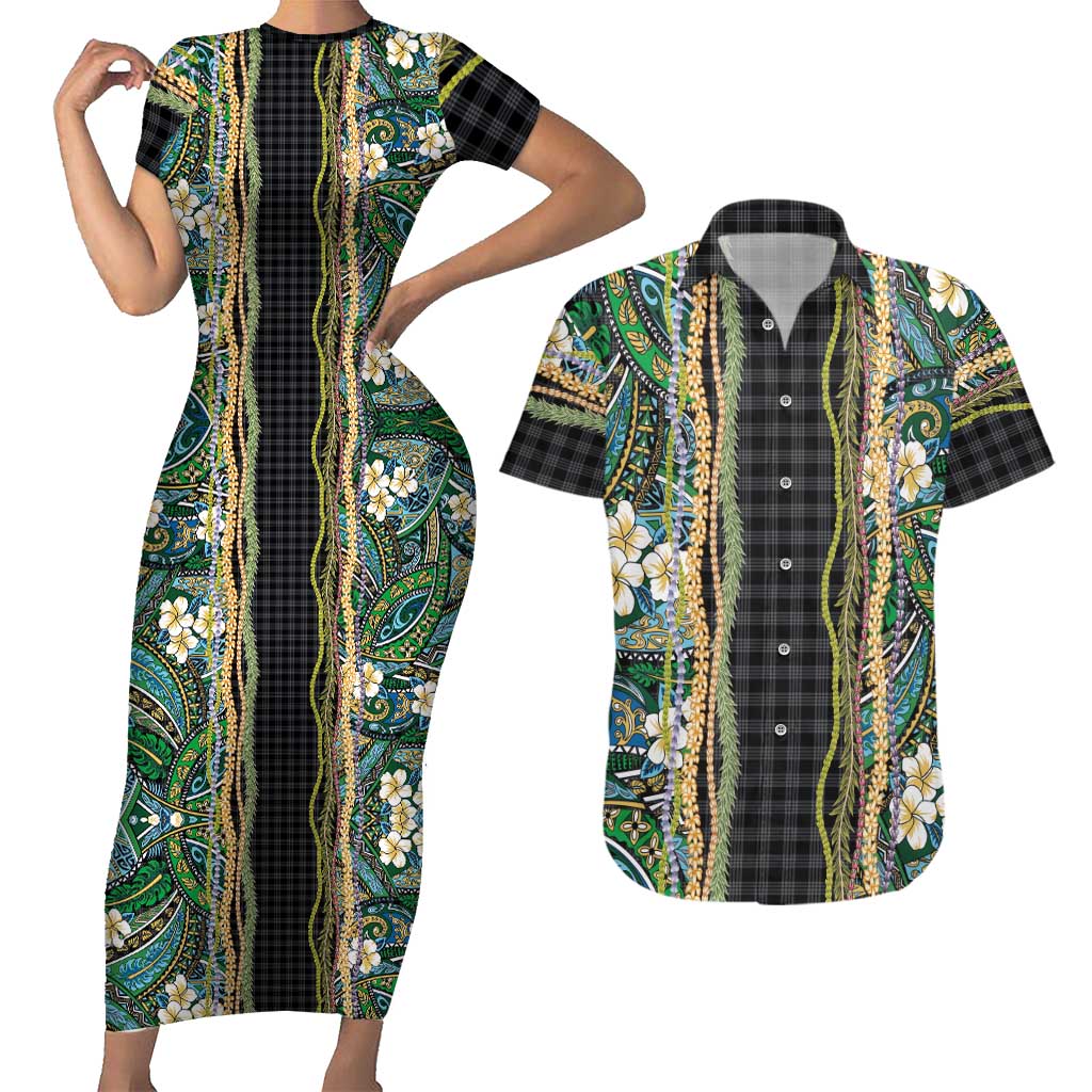Hawaiian Art Flower Tribal with Lei Couples Matching Short Sleeve Bodycon Dress and Hawaiian Shirt Palaka Pattern Black Color LT03 Black - Polynesian Pride