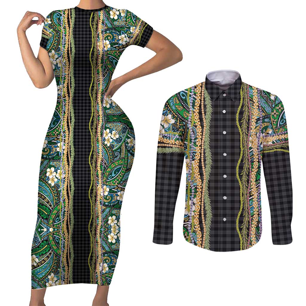 Hawaiian Art Flower Tribal with Lei Couples Matching Short Sleeve Bodycon Dress and Long Sleeve Button Shirt Palaka Pattern Black Color - Polynesian Pride