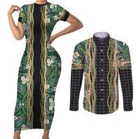 Hawaiian Art Flower Tribal with Lei Couples Matching Short Sleeve Bodycon Dress and Long Sleeve Button Shirt Palaka Pattern Black Color - Polynesian Pride