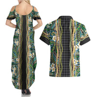 Hawaiian Art Flower Tribal with Lei Couples Matching Summer Maxi Dress and Hawaiian Shirt Palaka Pattern Black Color - Polynesian Pride