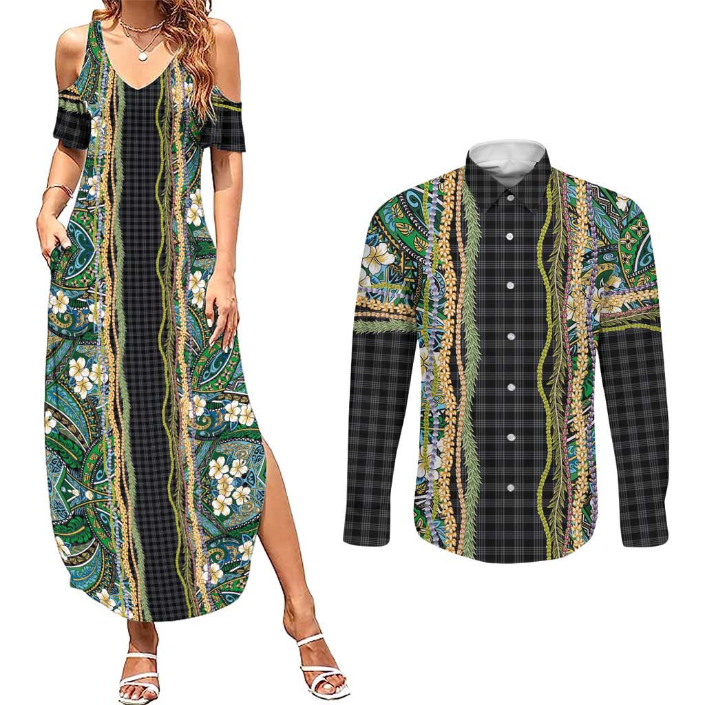Hawaiian Art Flower Tribal with Lei Couples Matching Summer Maxi Dress and Long Sleeve Button Shirt Palaka Pattern Black Color LT03 Black - Polynesian Pride