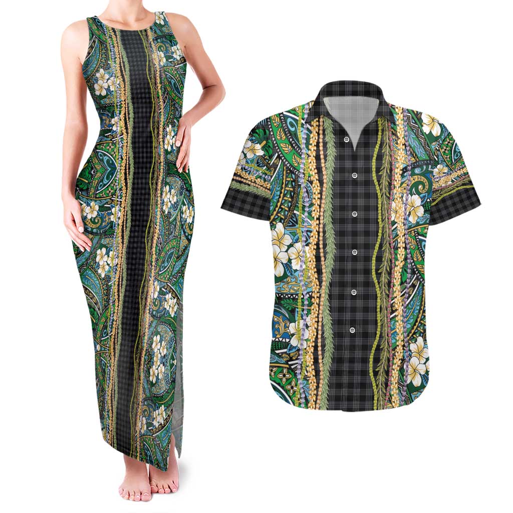 Hawaiian Art Flower Tribal with Lei Couples Matching Tank Maxi Dress and Hawaiian Shirt Palaka Pattern Black Color - Polynesian Pride