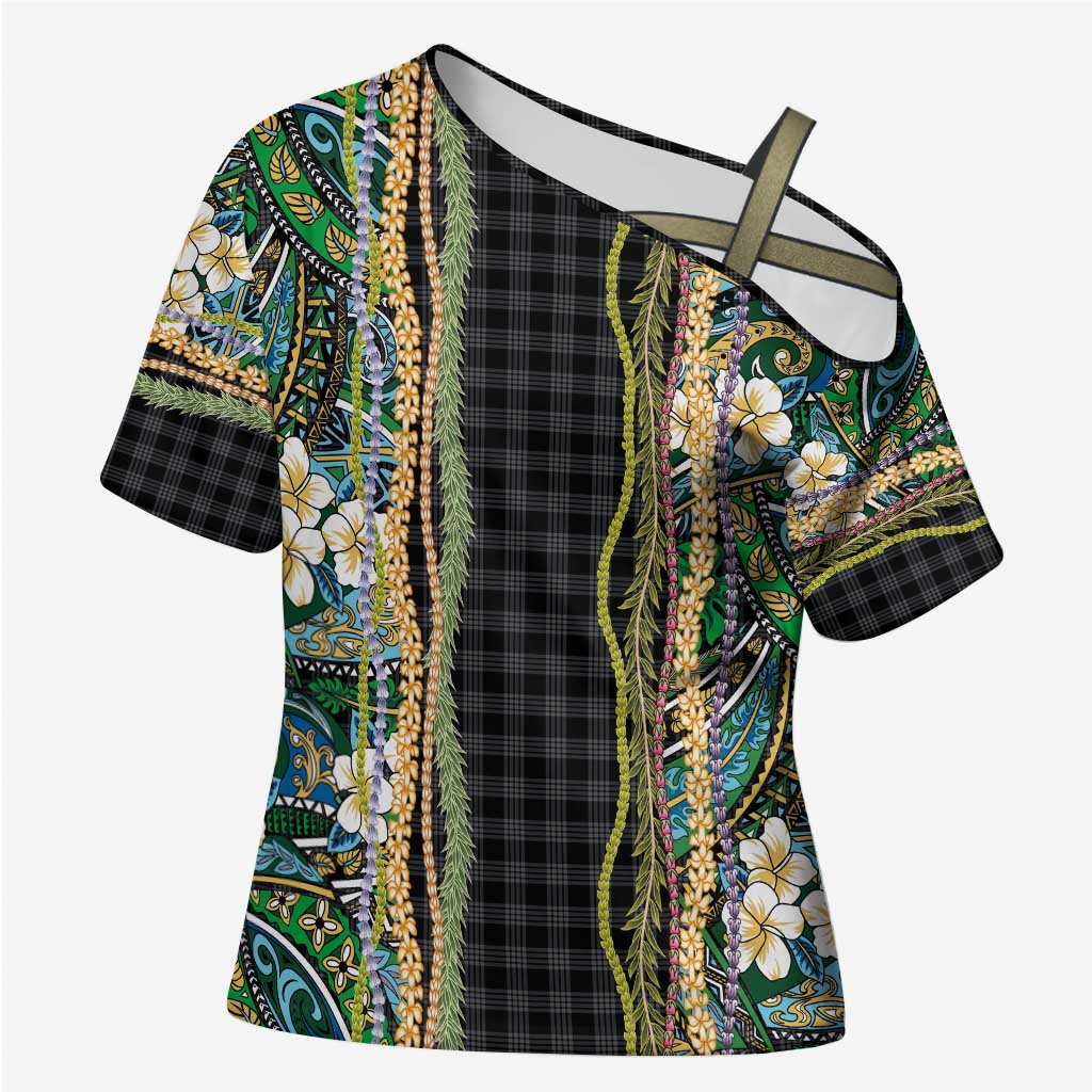 Hawaiian Art Flower Tribal with Lei Cross Shoulder Shirt Palaka Pattern Black Color - Polynesian Pride