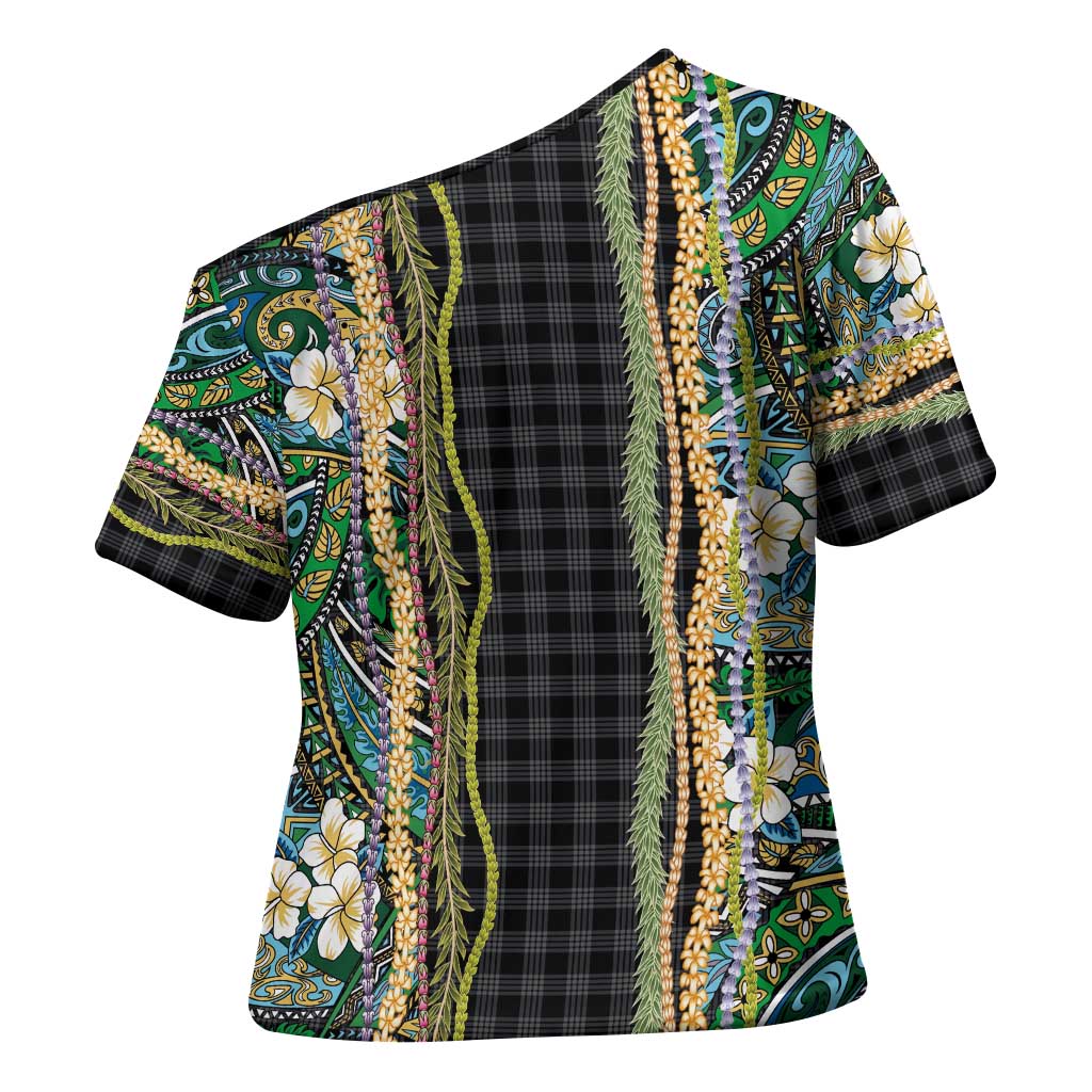 Hawaiian Art Flower Tribal with Lei Cross Shoulder Shirt Palaka Pattern Black Color - Polynesian Pride