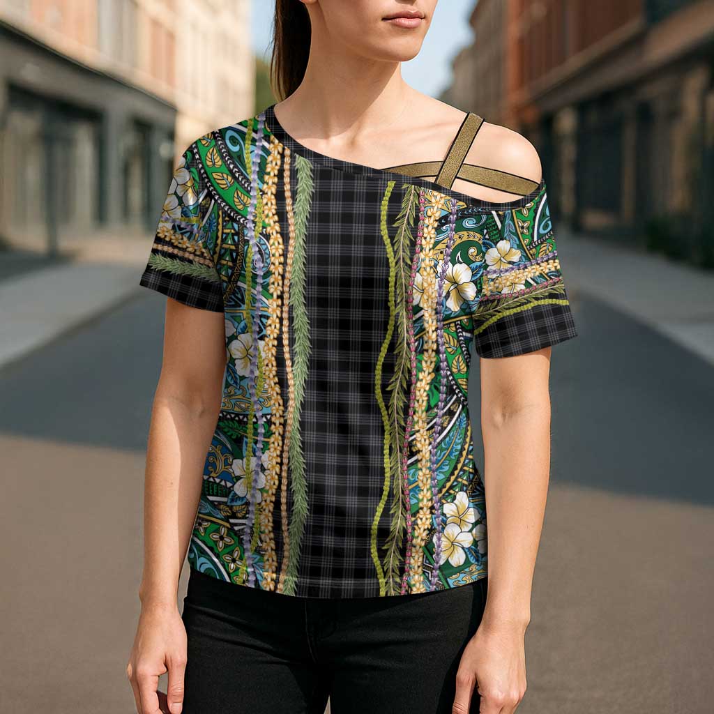 Hawaiian Art Flower Tribal with Lei Cross Shoulder Shirt Palaka Pattern Black Color - Polynesian Pride