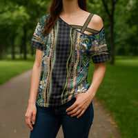 Hawaiian Art Flower Tribal with Lei Cross Shoulder Shirt Palaka Pattern Black Color - Polynesian Pride