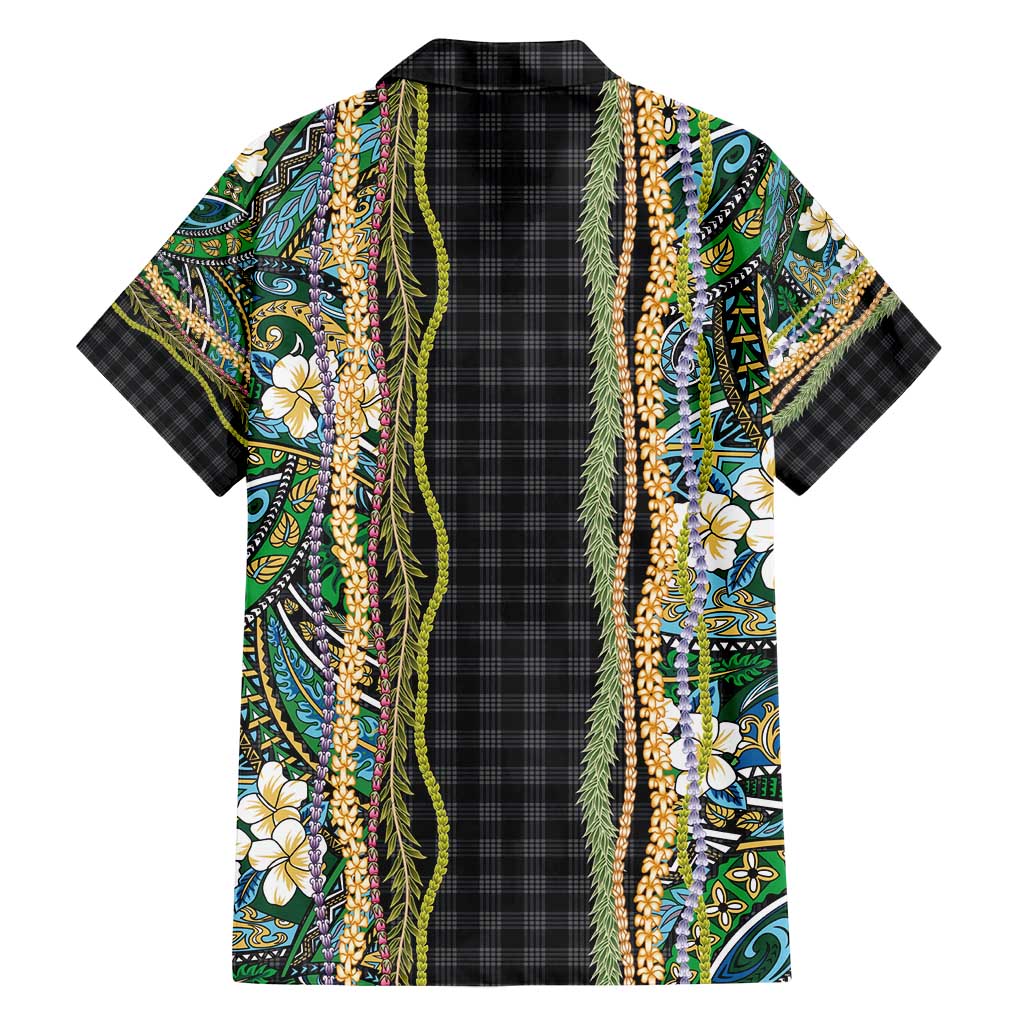 Hawaiian Art Flower Tribal with Lei Family Matching Long Sleeve Bodycon Dress and Hawaiian Shirt Palaka Pattern Black Color - Polynesian Pride