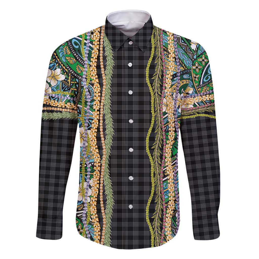 Hawaiian Art Flower Tribal with Lei Family Matching Long Sleeve Bodycon Dress and Hawaiian Shirt Palaka Pattern Black Color - Polynesian Pride