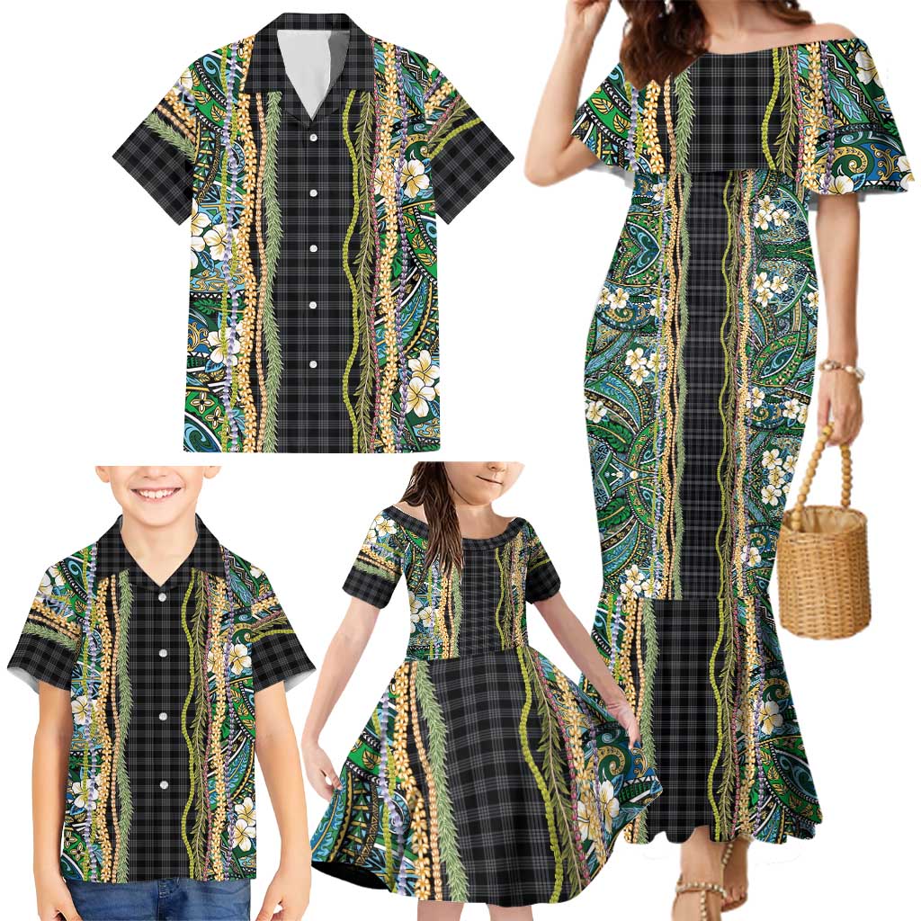 Hawaiian Art Flower Tribal with Lei Family Matching Mermaid Dress and Hawaiian Shirt Palaka Pattern Black Color LT03 - Polynesian Pride