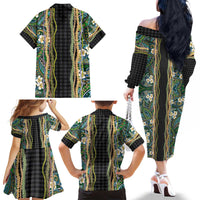 Hawaiian Art Flower Tribal with Lei Family Matching Off The Shoulder Long Sleeve Dress and Hawaiian Shirt Palaka Pattern Black Color - Polynesian Pride