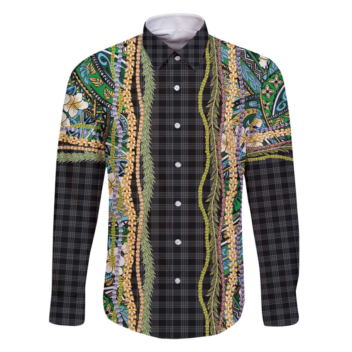 Hawaiian Art Flower Tribal with Lei Family Matching Off The Shoulder Long Sleeve Dress and Hawaiian Shirt Palaka Pattern Black Color - Polynesian Pride