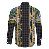 Hawaiian Art Flower Tribal with Lei Family Matching Off The Shoulder Long Sleeve Dress and Hawaiian Shirt Palaka Pattern Black Color - Polynesian Pride