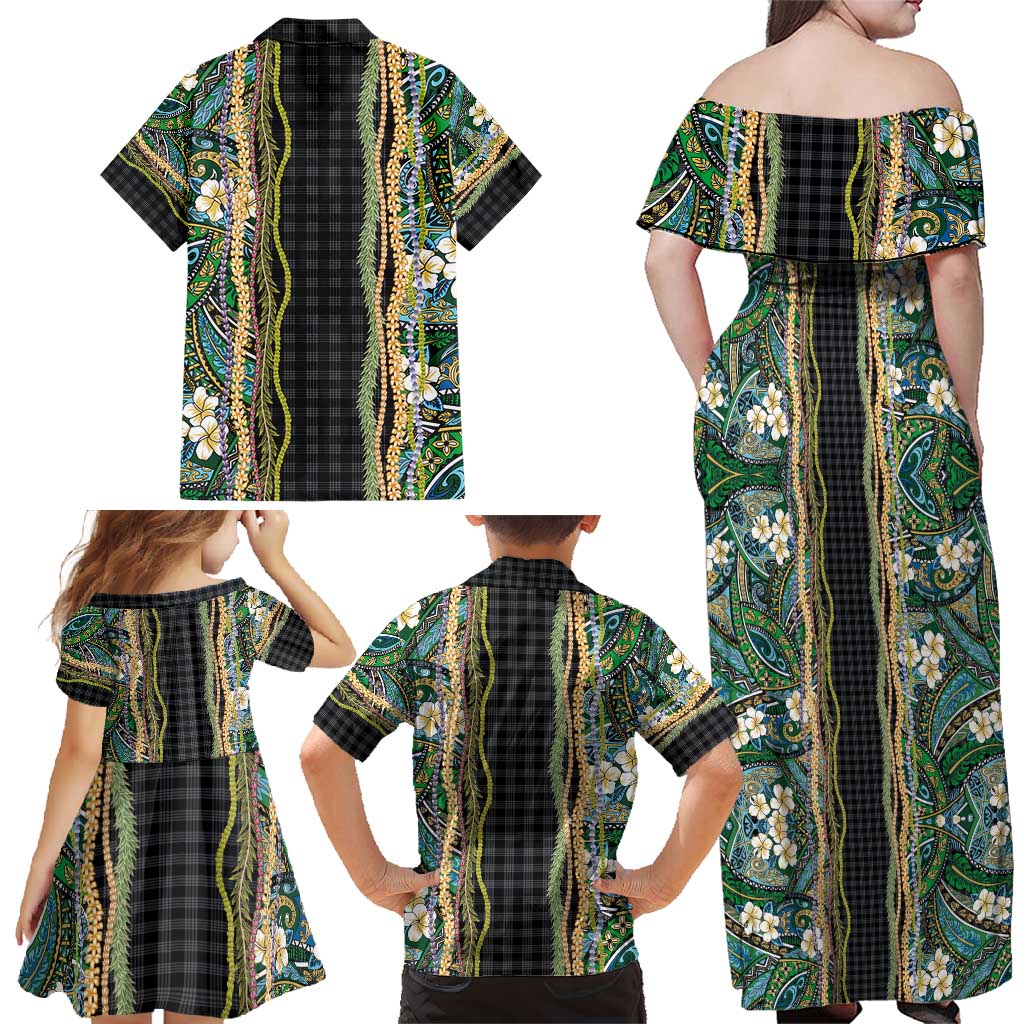 Hawaiian Art Flower Tribal with Lei Family Matching Off Shoulder Maxi Dress and Hawaiian Shirt Palaka Pattern Black Color - Polynesian Pride