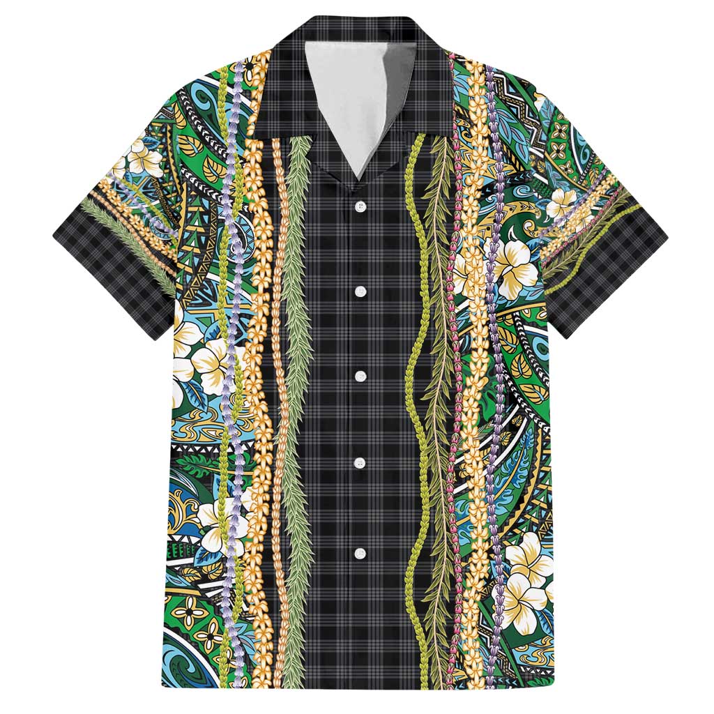 Hawaiian Art Flower Tribal with Lei Family Matching Off Shoulder Maxi Dress and Hawaiian Shirt Palaka Pattern Black Color - Polynesian Pride