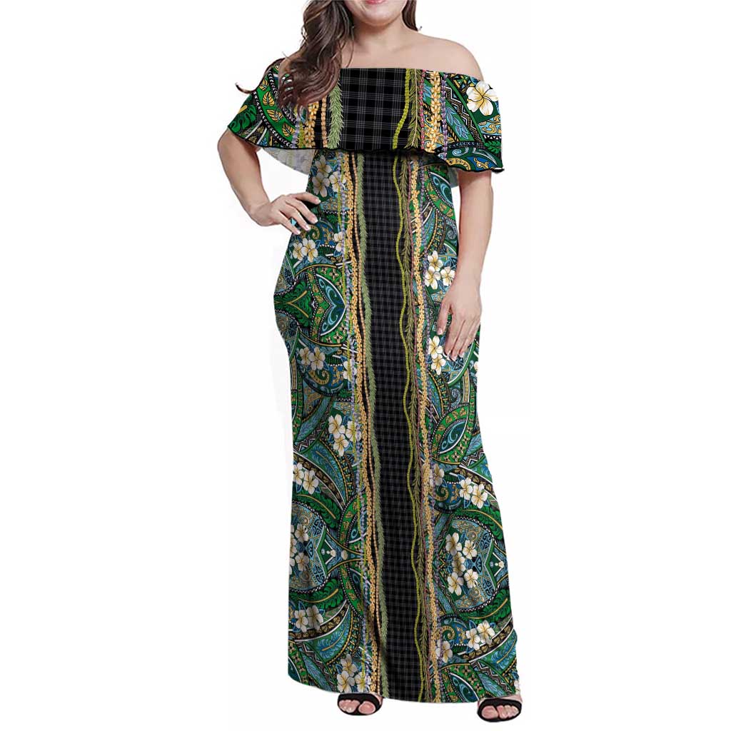 Hawaiian Art Flower Tribal with Lei Family Matching Off Shoulder Maxi Dress and Hawaiian Shirt Palaka Pattern Black Color - Polynesian Pride