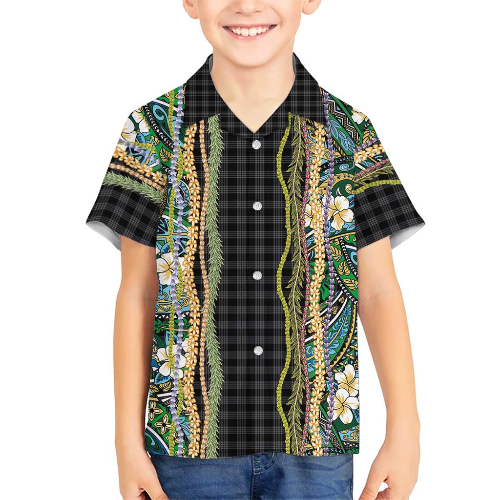 Hawaiian Art Flower Tribal with Lei Family Matching Puletasi and Hawaiian Shirt Palaka Pattern Black Color LT03 Son's Shirt Black - Polynesian Pride