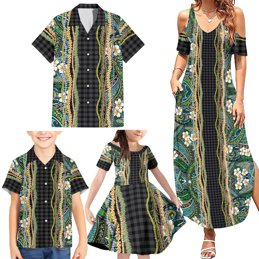 Hawaiian Art Flower Tribal with Lei Family Matching Summer Maxi Dress and Hawaiian Shirt Palaka Pattern Black Color LT03 - Polynesian Pride