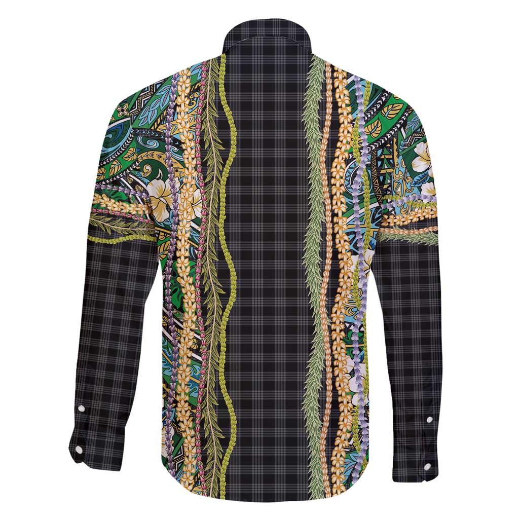 Hawaiian Art Flower Tribal with Lei Family Matching Tank Maxi Dress and Hawaiian Shirt Palaka Pattern Black Color - Polynesian Pride