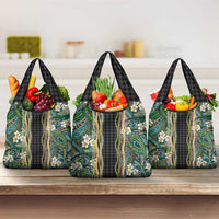 Hawaiian Art Flower Tribal with Lei Grocery Bag Palaka Pattern Black Color - Polynesian Pride