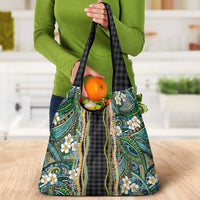 Hawaiian Art Flower Tribal with Lei Grocery Bag Palaka Pattern Black Color - Polynesian Pride