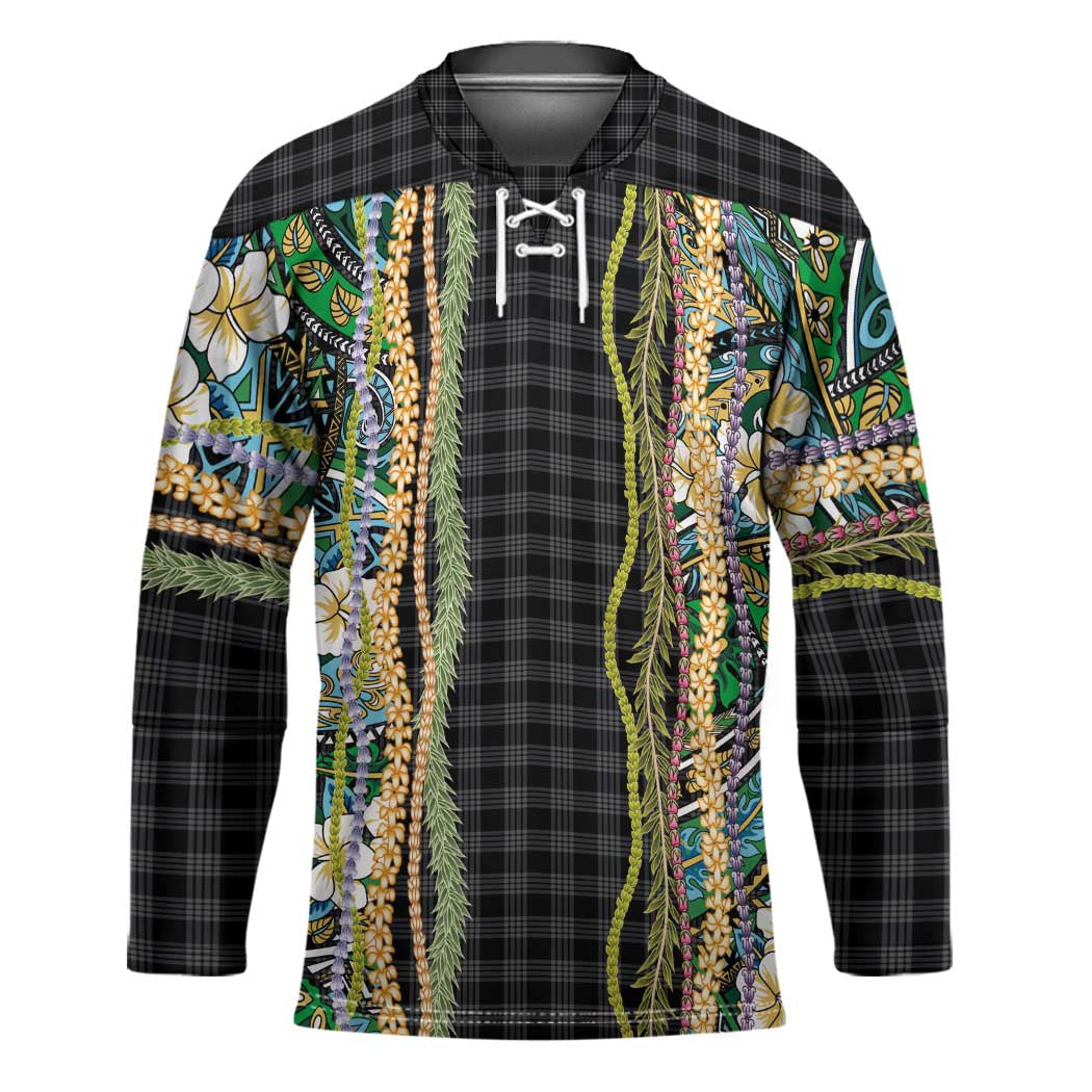 Hawaiian Art Flower Tribal with Lei Hockey Jersey Palaka Pattern Black Color - Polynesian Pride
