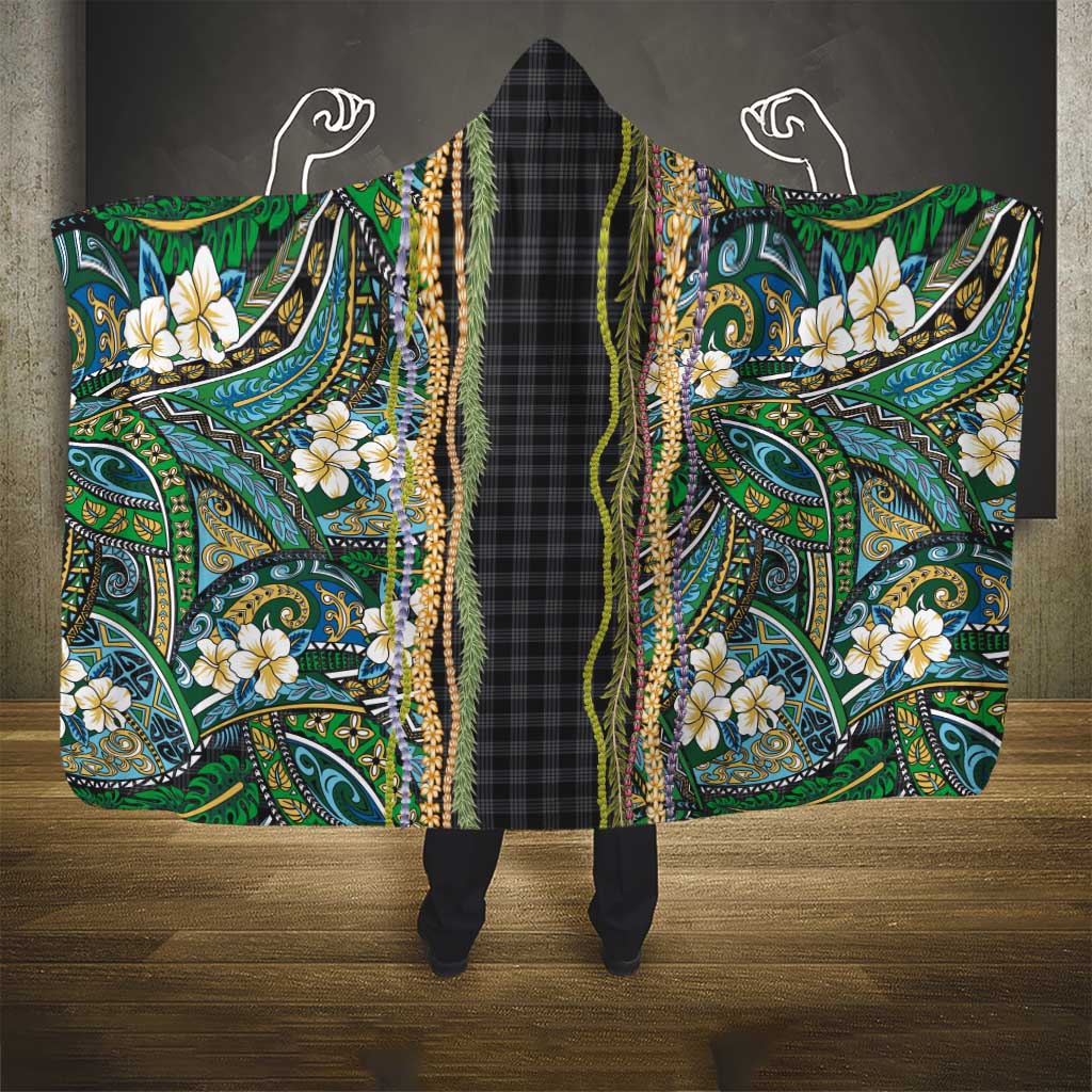 Hawaiian Art Flower Tribal with Lei Hooded Blanket Palaka Pattern Black Color - Polynesian Pride