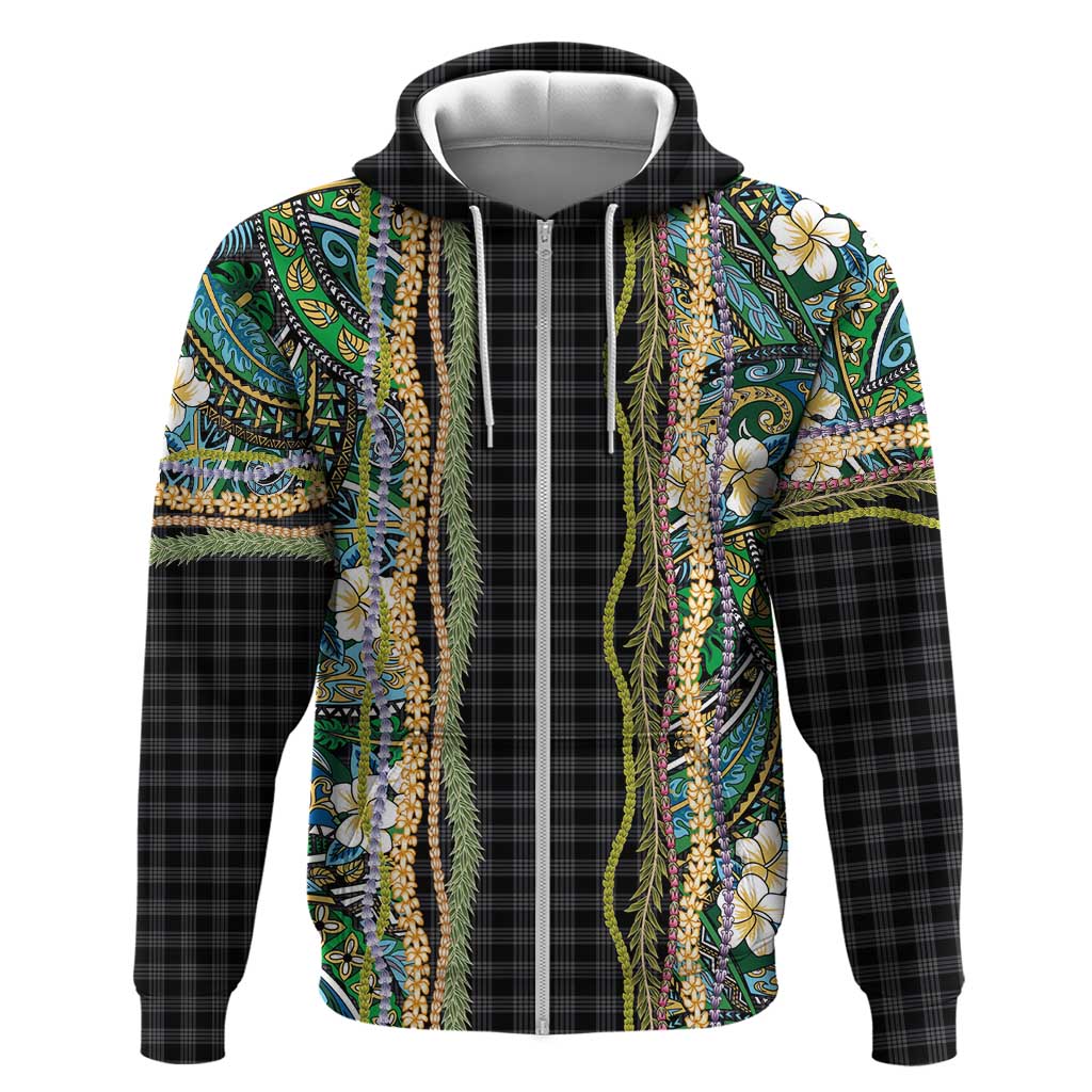 Hawaiian Art Flower Tribal with Lei Hoodie Palaka Pattern Black Color LT03 Zip Hoodie Black - Polynesian Pride
