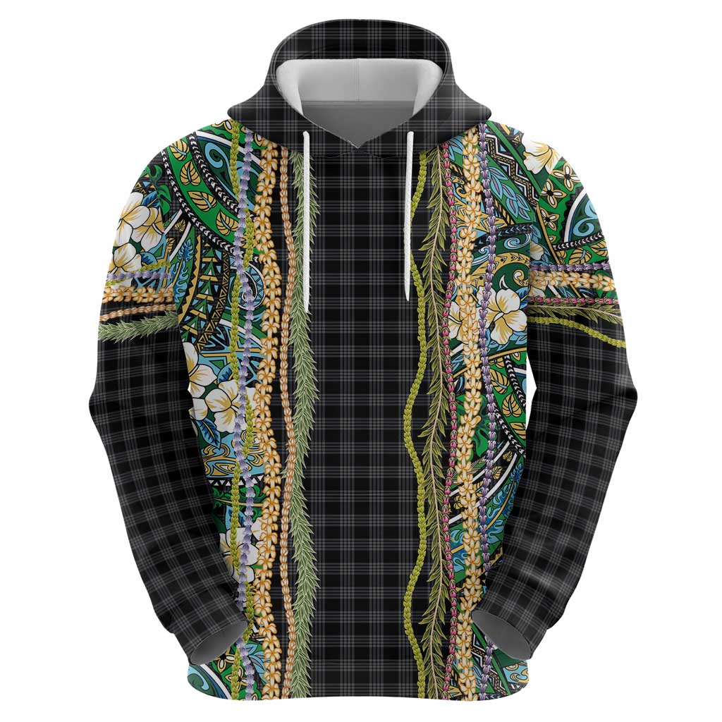Hawaiian Art Flower Tribal with Lei Hoodie Palaka Pattern Black Color LT03 - Polynesian Pride