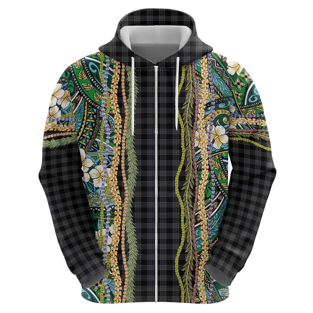 Hawaiian Art Flower Tribal with Lei Hoodie Palaka Pattern Black Color LT03 - Polynesian Pride