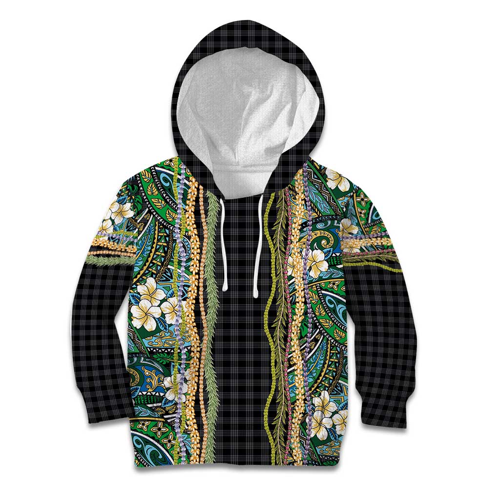 Hawaiian Art Flower Tribal with Lei Kid Hoodie Palaka Pattern Black Color LT03 Hoodie Black - Polynesian Pride