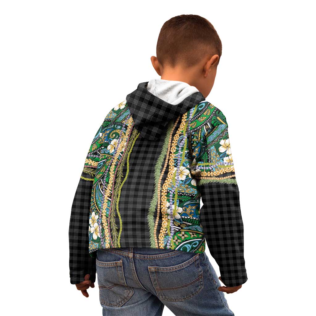 Hawaiian Art Flower Tribal with Lei Kid Hoodie Palaka Pattern Black Color - Polynesian Pride