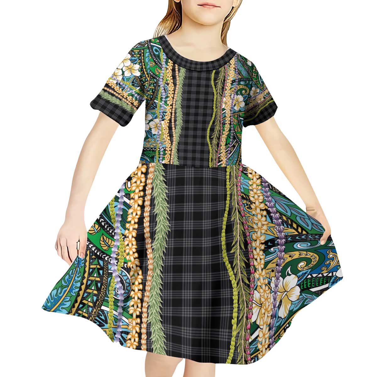 Hawaiian Art Flower Tribal with Lei Kid Short Sleeve Dress Palaka Pattern Black Color - Polynesian Pride