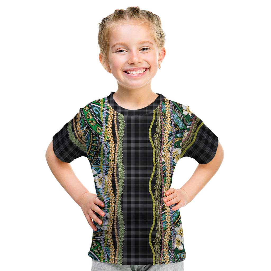 Hawaiian Art Flower Tribal with Lei Kid T Shirt Palaka Pattern Black Color LT03 Black - Polynesian Pride