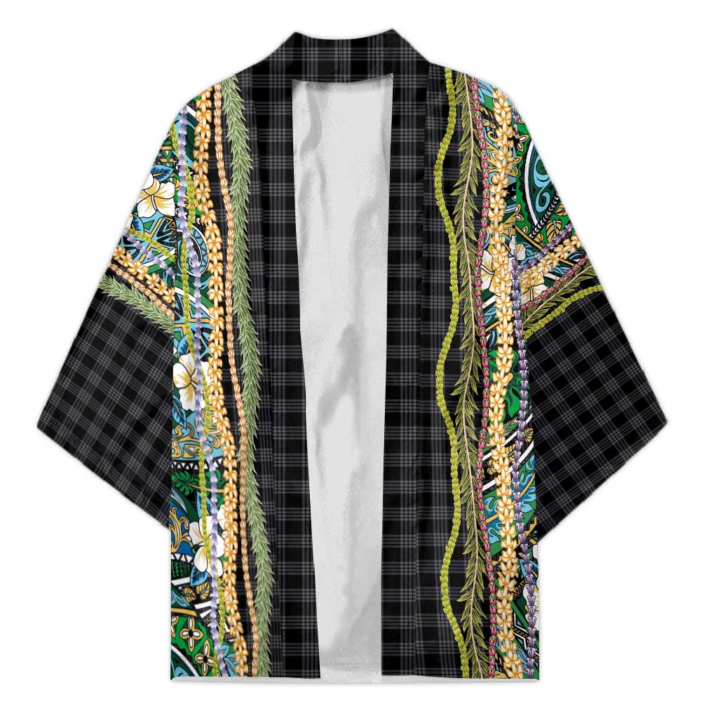 Hawaiian Art Flower Tribal with Lei Kimono Palaka Pattern Black Color LT03 Unisex Black - Polynesian Pride