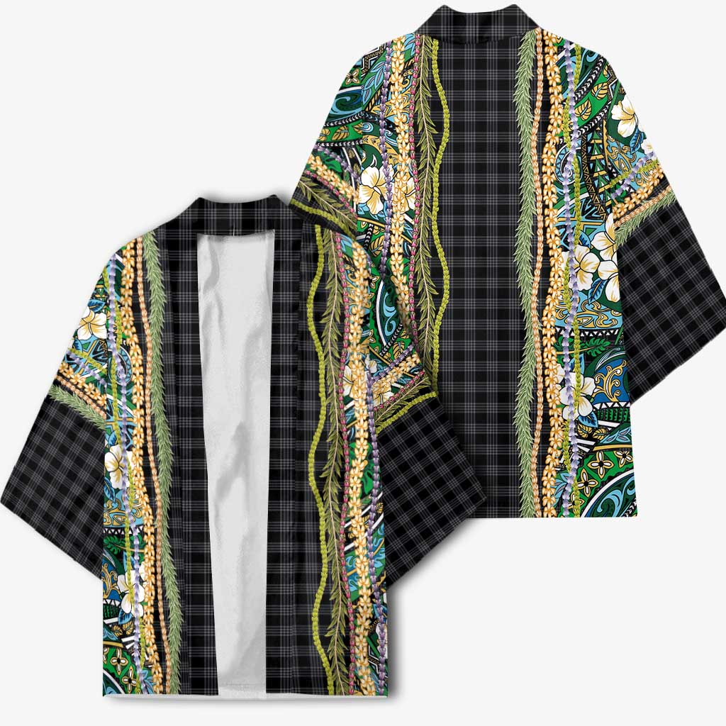 Hawaiian Art Flower Tribal with Lei Kimono Palaka Pattern Black Color LT03 - Polynesian Pride