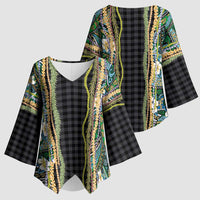 Hawaiian Art Flower Tribal with Lei Kimono Sleeve Blouse Palaka Pattern Black Color - Polynesian Pride