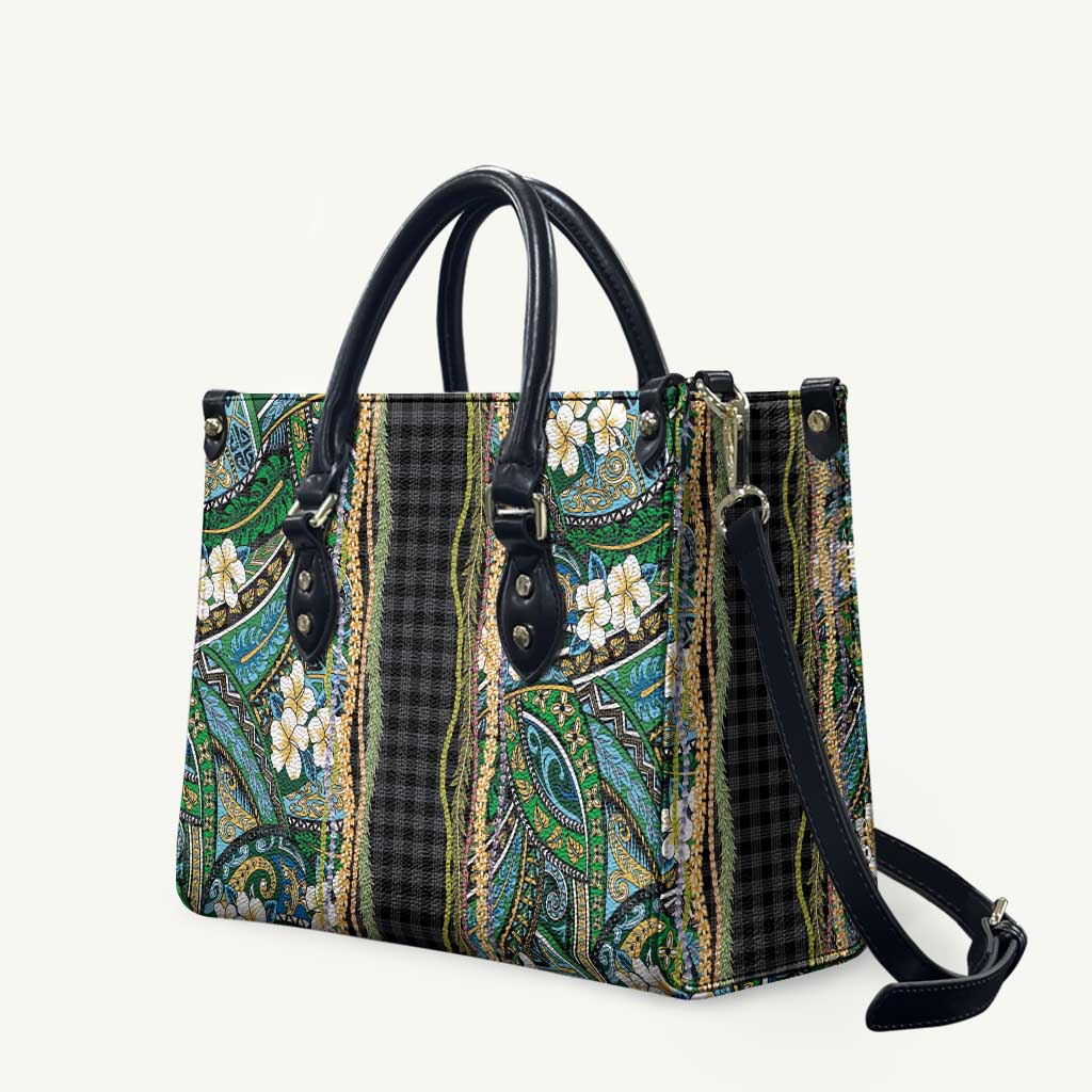 Hawaiian Art Flower Tribal with Lei Leather Bag Palaka Pattern Black Color LT03 Black - Polynesian Pride