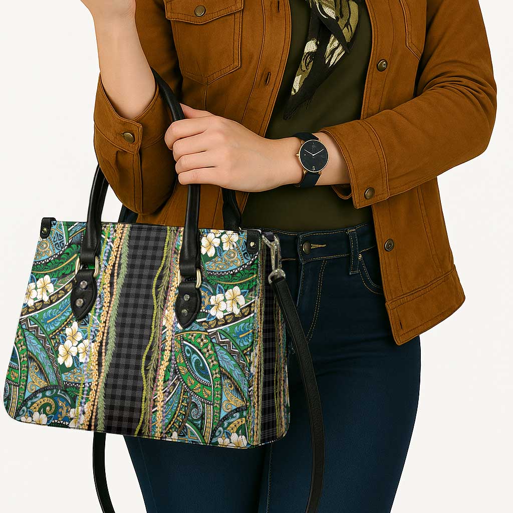 Hawaiian Art Flower Tribal with Lei Leather Bag Palaka Pattern Black Color - Polynesian Pride