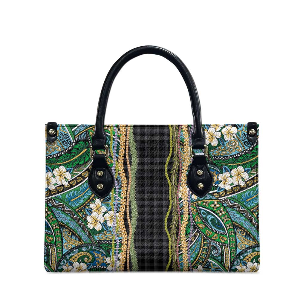 Hawaiian Art Flower Tribal with Lei Leather Bag Palaka Pattern Black Color - Polynesian Pride