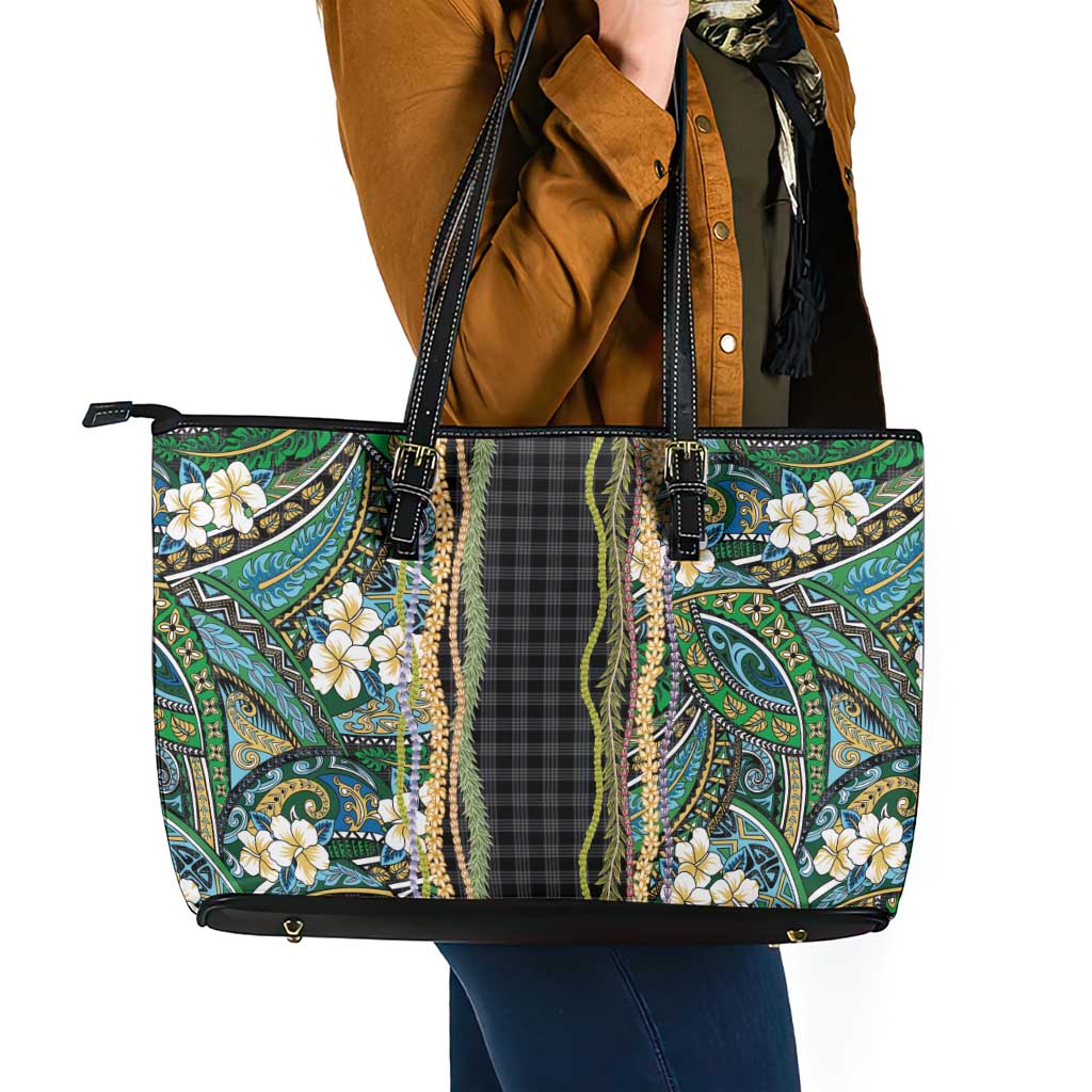 Hawaiian Art Flower Tribal with Lei Leather Tote Bag Palaka Pattern Black Color - Polynesian Pride