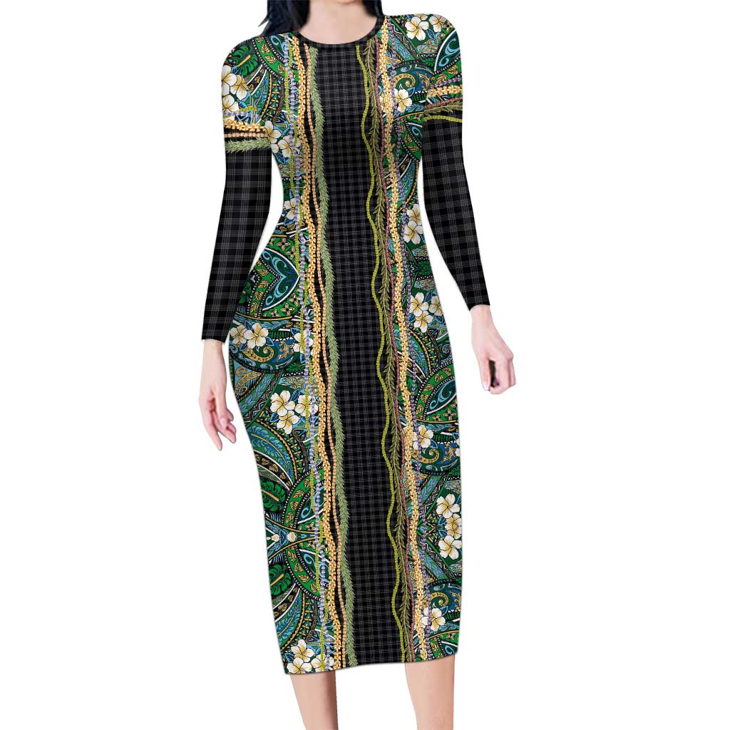 Hawaiian Art Flower Tribal with Lei Long Sleeve Bodycon Dress Palaka Pattern Black Color - Polynesian Pride