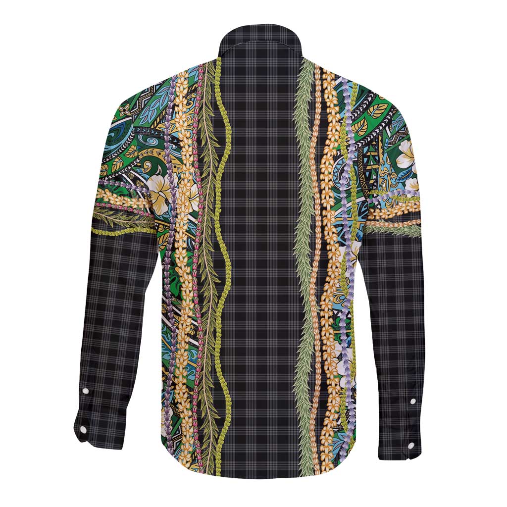 Hawaiian Art Flower Tribal with Lei Long Sleeve Button Shirt Palaka Pattern Black Color - Polynesian Pride